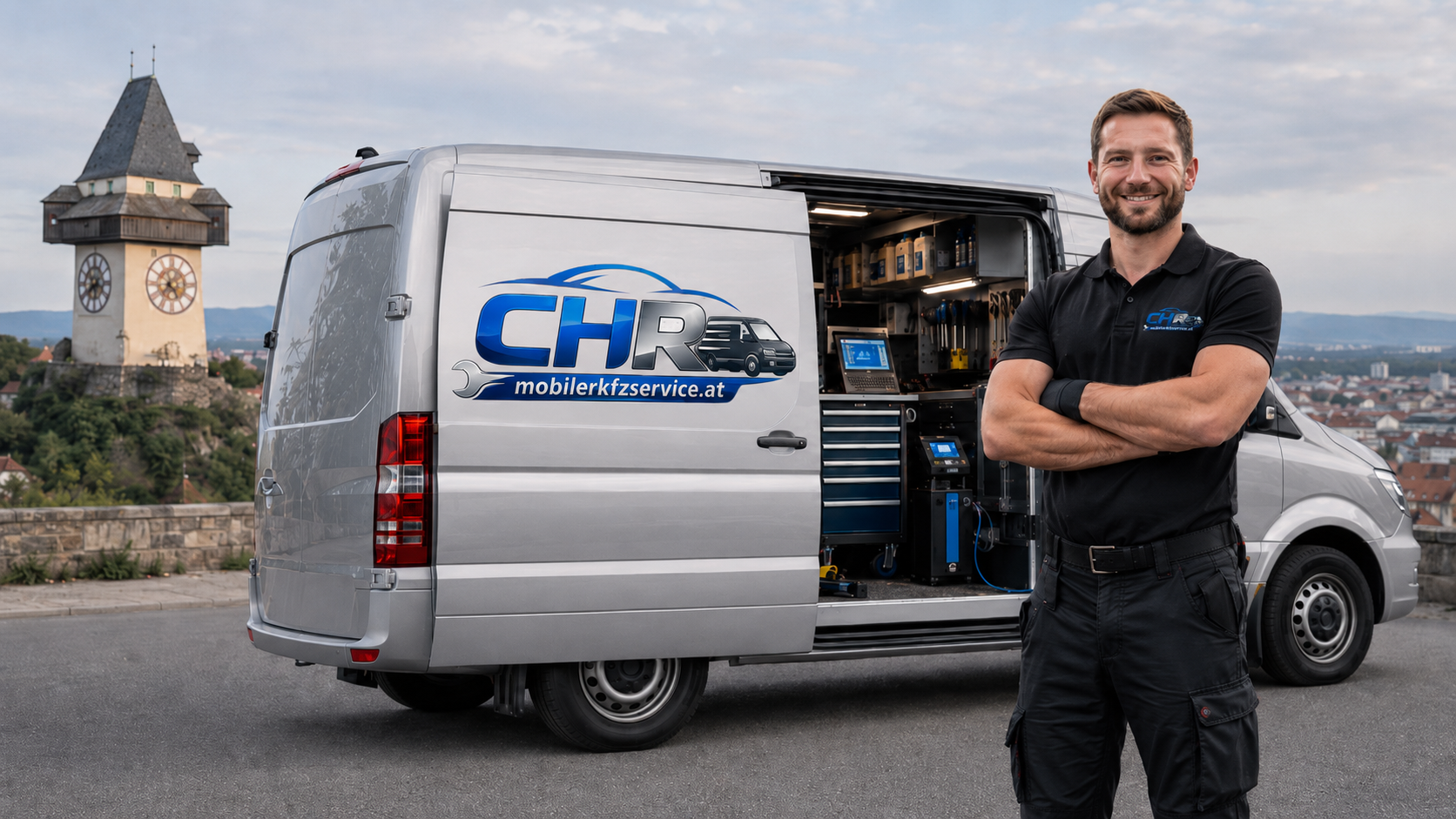 Mobiler KFZ-Service Kastenwagen von CHR-Service mit Mechaniker vor Graz